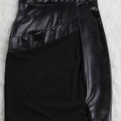 Leather Panel Textured Shift Black Dress