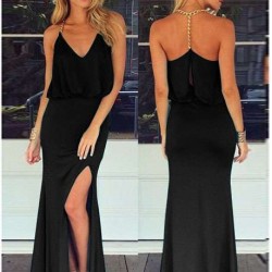 Black Gold Chain Halter Maxi Dress with T Back