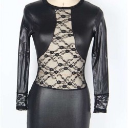 Lace Black Leather Sleeved Mini Dress