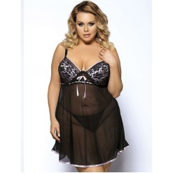 Black Sheer Lace Plus Size Babydoll With Pink Ribbon Black Sheer Lace Plus Size Babydoll With Pink Ribbon