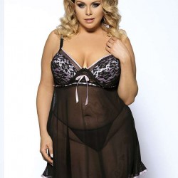 Black Sheer Lace Plus Size Babydoll With Pink Ribbon