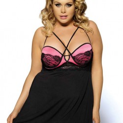 Plus Size pink lace stitching halter babydoll