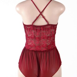 Wine Red Halter Lace Plus Size Teddy Lingerie