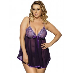 Transparent Purple Plus Size Floral Bra Babydoll 