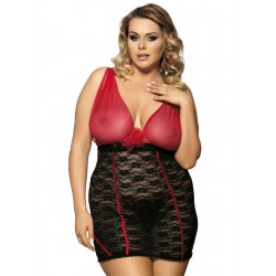 Red And Black Lace Plus Size Open Cup Chemise Dress