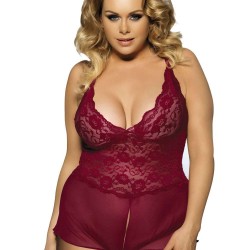 Wine Red Halter Lace Plus Size Teddy Lingerie