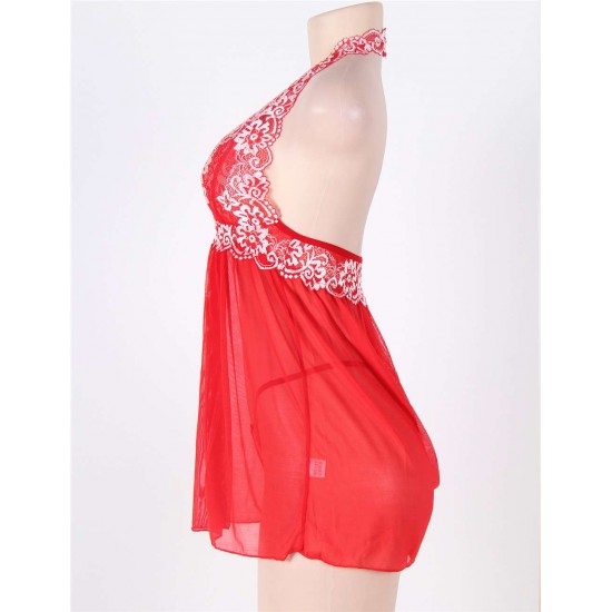 Red Halter Floral Plus Size Babydoll With G-String Red Halter Floral Plus Size Babydoll With G-String
