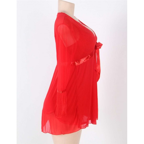 Long Sleeve Red Lace Trim Robe With Thong Long Sleeve Red Lace Trim Robe With Thong