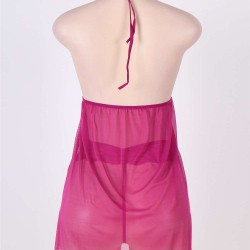 Plus Size Rosy Halter Stretch Mesh and Lace Babydoll