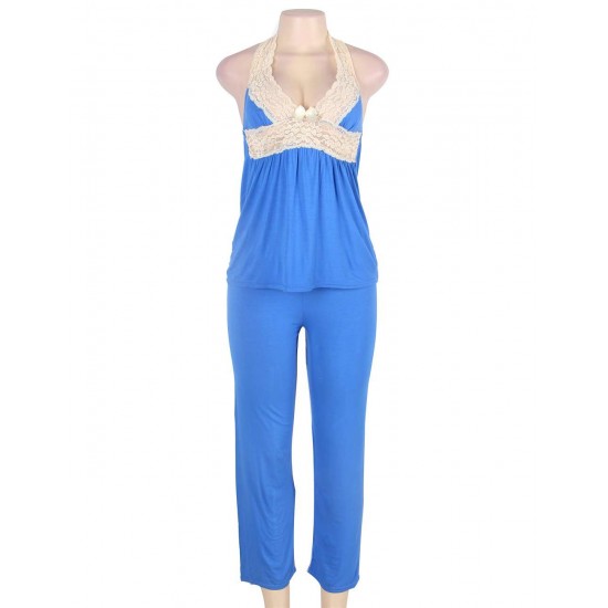 Plus Size Blue Lingerie With Halter Top & Lace Trim Plus Size Blue Lingerie With Halter Top & Lace Trim