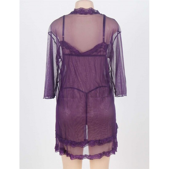 Purple Plus Size 3pc Transparent Lace Robe Lingerie Purple Plus Size 3pc Transparent Lace Robe Lingerie