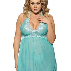 Plus Size Green Floral Halter Babydoll Lingerie Set