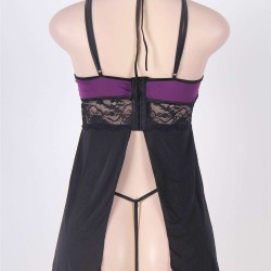 Purple Microfiber Lace Stitching Halter Babydoll