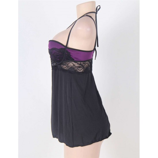 Plus Size Purple Lace Stitching Halter Babydoll Plus Size Purple Lace Stitching Halter Babydoll