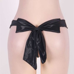 Black Mesh Big Bow Ruffled Thong