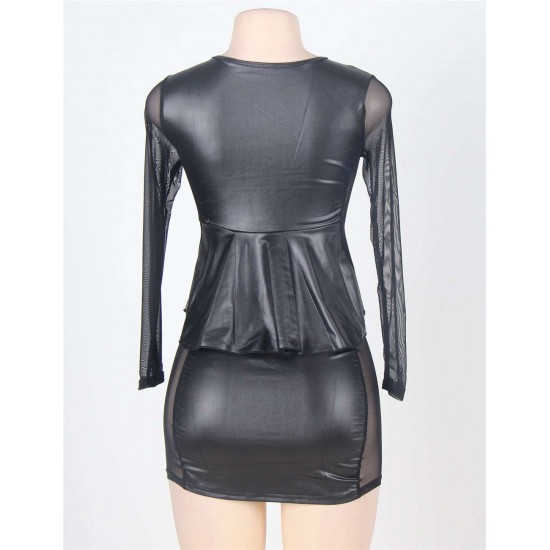 Black Leather Mesh Inset Peplum Top and Skirt Black Leather Mesh Inset Peplum Top and Skirt