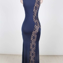 Lace Panel Ruffle Dark Blue Maxi Dress