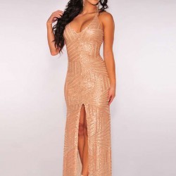 Slit Front Sequins Backless Dress