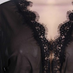 Black Sheer Lace Trim Sexy Robe With Belts Black Sheer Lace Trim Sexy Robe With Belts