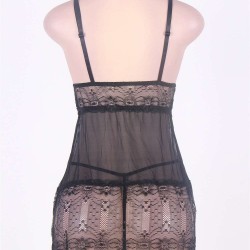 Black Plus Size V Neck Transparent Floral Lace Babydoll