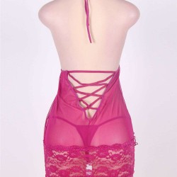 Rosy Plus Size Croch Back Lace Mesh Halter Babydoll