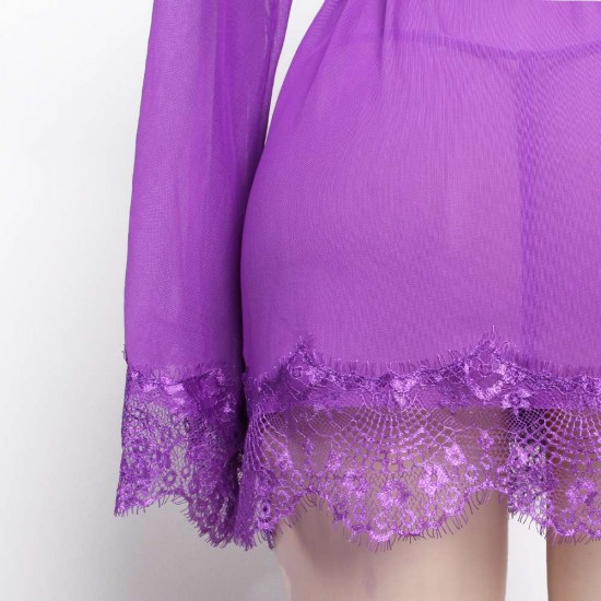 Purple Sheer Mesh And Eyelash Lace Robe Set Purple Sheer Mesh And Eyelash Lace Robe Set