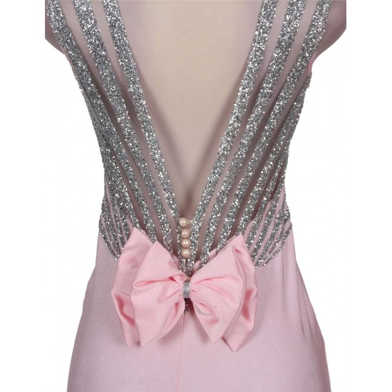 Plus Size Pink Open Back Golden Strap Ruffle Evening Dress Plus Size Pink Open Back Golden Strap Ruffle Evening Dress