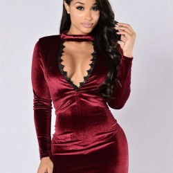 Wine Long Sleeve Bodycon Mini Dress
