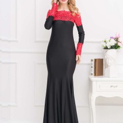 Boat Neck Red Lace Evening Gown