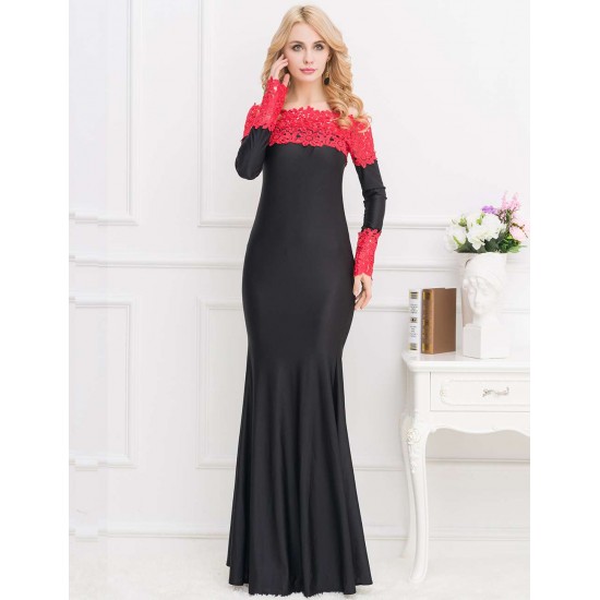 Boat Neck Red Lace Evening Gown Boat Neck Red Lace Evening Gown