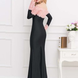 Boat Neck Pink Lace Evening Gown