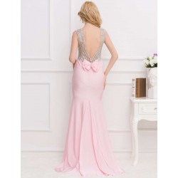 Pink Open Back Golden Strap Ruffle Evening Dress