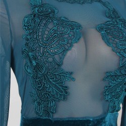 Green Mesh Lace Applique Velvet Maxi Dress