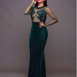 Green Mesh Lace Applique Velvet Maxi Dress