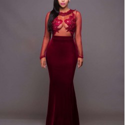 Mesh Red Lace Applique Velvet Maxi Dress