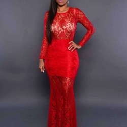 Beaming Red Lace Long Sleeve Croch Dress