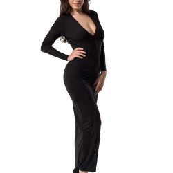 Deep-V Neckline Blue Long Sleeve Maxi Dress