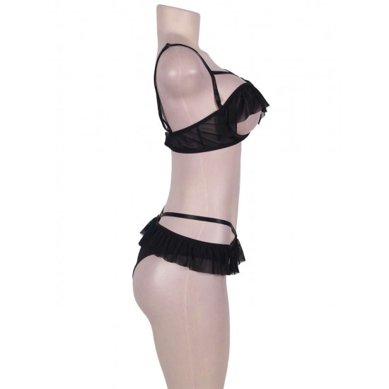 Open Cup Ruffle Black Bra And Panty Set Open Cup Ruffle Black Bra And Panty Set
