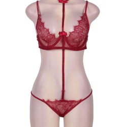 Red Strappy Lace Bra Set With Mask