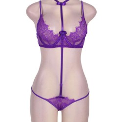 Purple Strappy Lace Bra Set With Mask