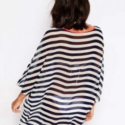 Kimono Sleeve Chiffon Black  White Striped Beachwear
