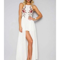 Elegant White Embroidery Backless Long Dress