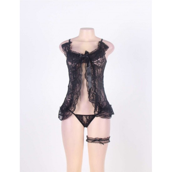Black Floral Sheer Lace Fly-Away Plus Size Babydoll Black Floral Sheer Lace Fly-Away Plus Size Babydoll