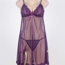 Purple Lace Cup 3pcs Mesh Lingerie Set