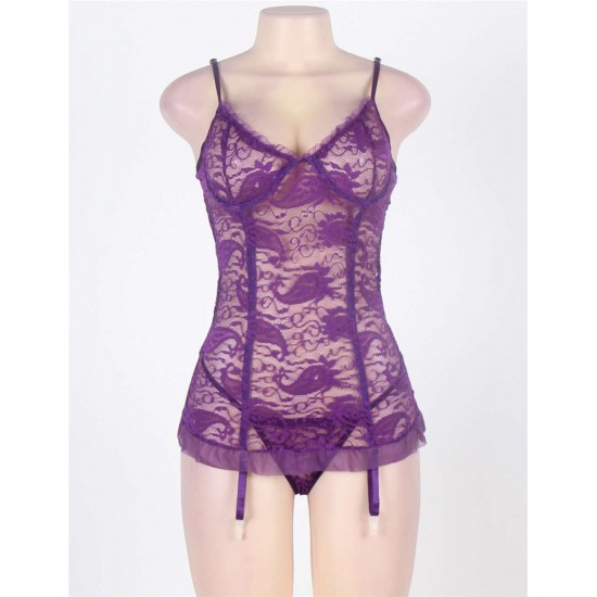 Purple Floral Lace Round Back Plus Size Babydoll Purple Floral Lace Round Back Plus Size Babydoll