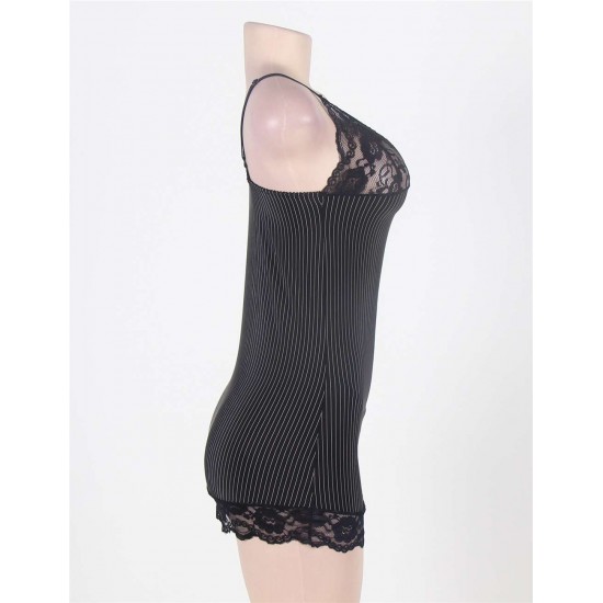 Sexy Black Vertical Stripe Lace Trim Babydoll Sexy Black Vertical Stripe Lace Trim Babydoll