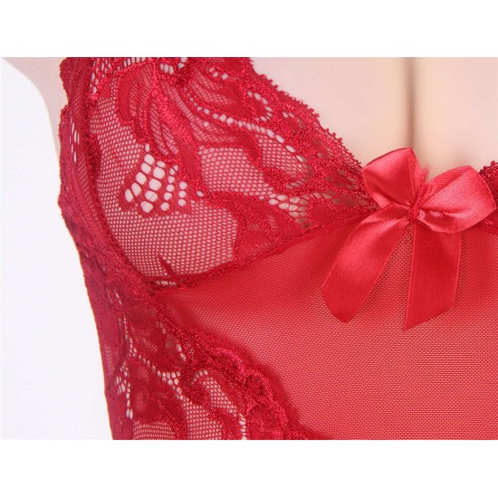 Red Plus Size Transparent Lace Floral Babydoll Red Plus Size Transparent Lace Floral Babydoll