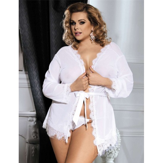 White Plus Size Lace Trim Robe With Thong White Plus Size Lace Trim Robe With Thong