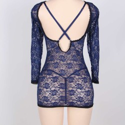 Blue Plus Size Long Sleeve Croch Back Babydoll