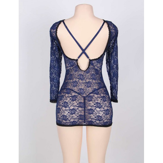 Blue Plus Size Long Sleeve Croch Back Babydoll Blue Plus Size Long Sleeve Croch Back Babydoll